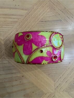 Iris Design Bright Pink & Lime Green Floral Enamel/Resin Bangle Bracelet